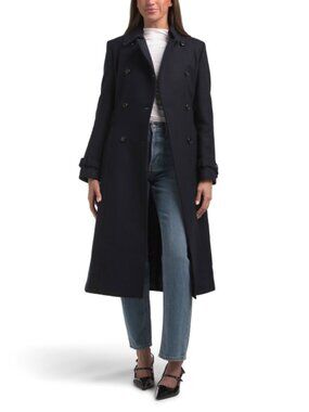 COLE HAAN Navy Wool Blend Double Breasted Faux Wrap Coat
